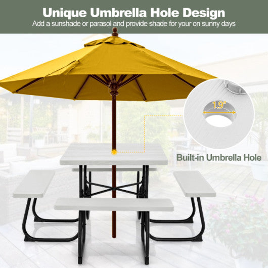 8-person Outdoor Picnic Table with 4 Benches and Umbrella Hole White