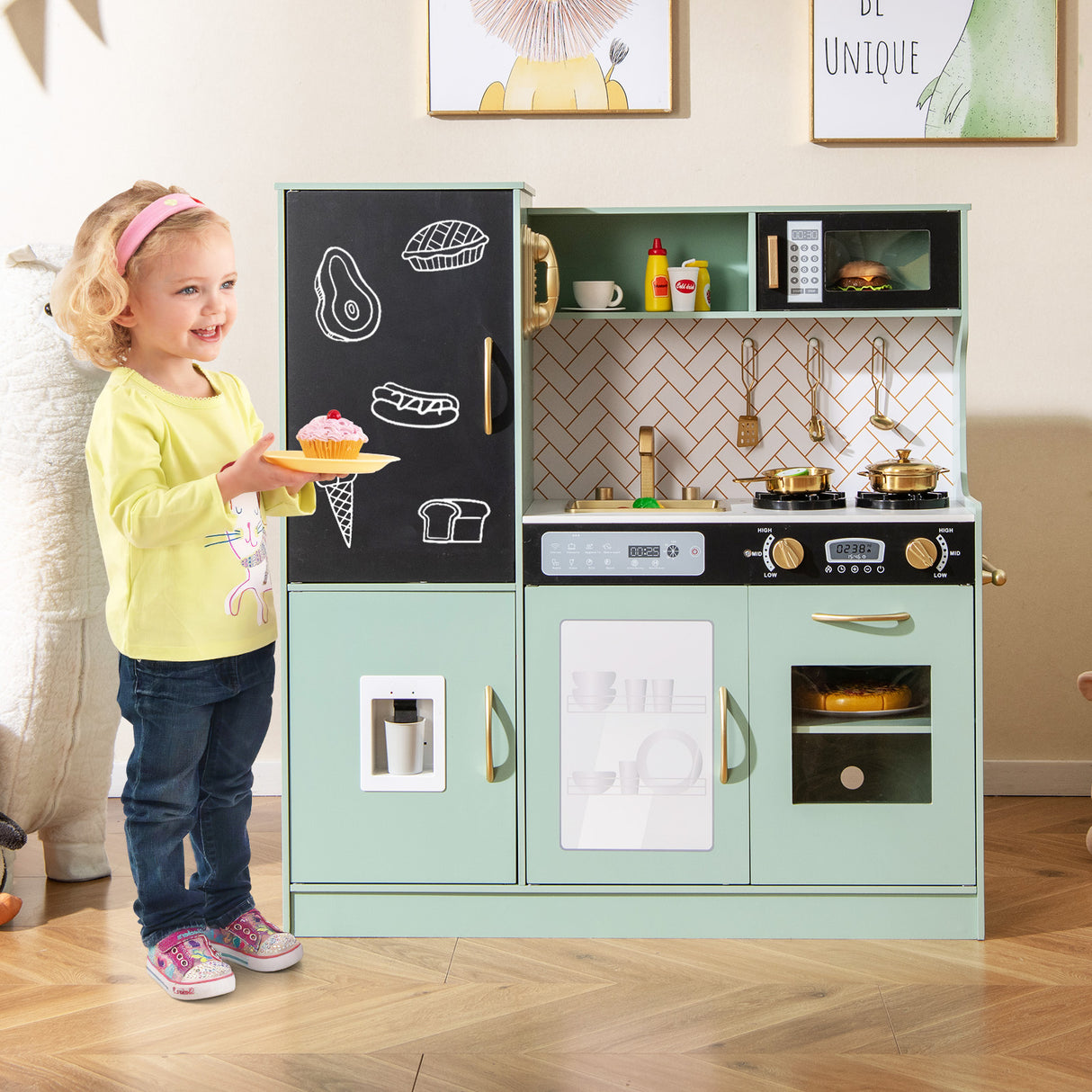 Pretend Play Kitchen with Utensils for Kids Aged 3+-Green