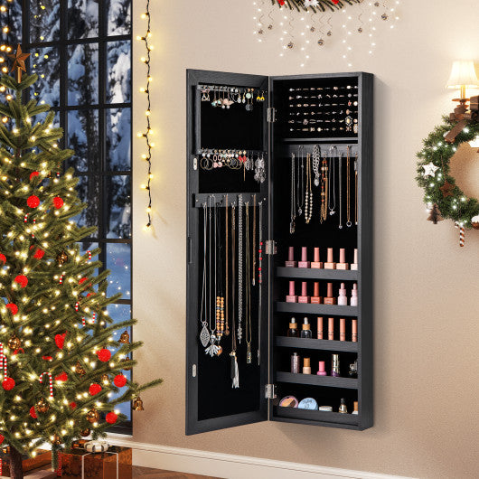 Jewelry Cabinet Wall or Door Mounted Jewelry Armoire with Full-Length Mirror-Black