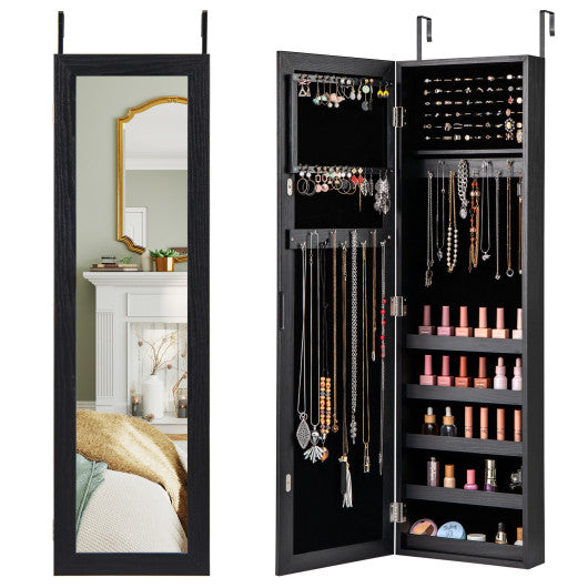 Jewelry Cabinet Wall or Door Mounted Jewelry Armoire with Full-Length Mirror-Black