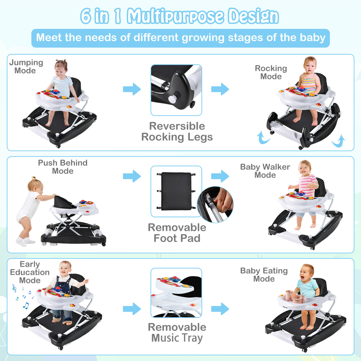 6 in 1 Foldable Baby Walker with Adjustable Height-Black