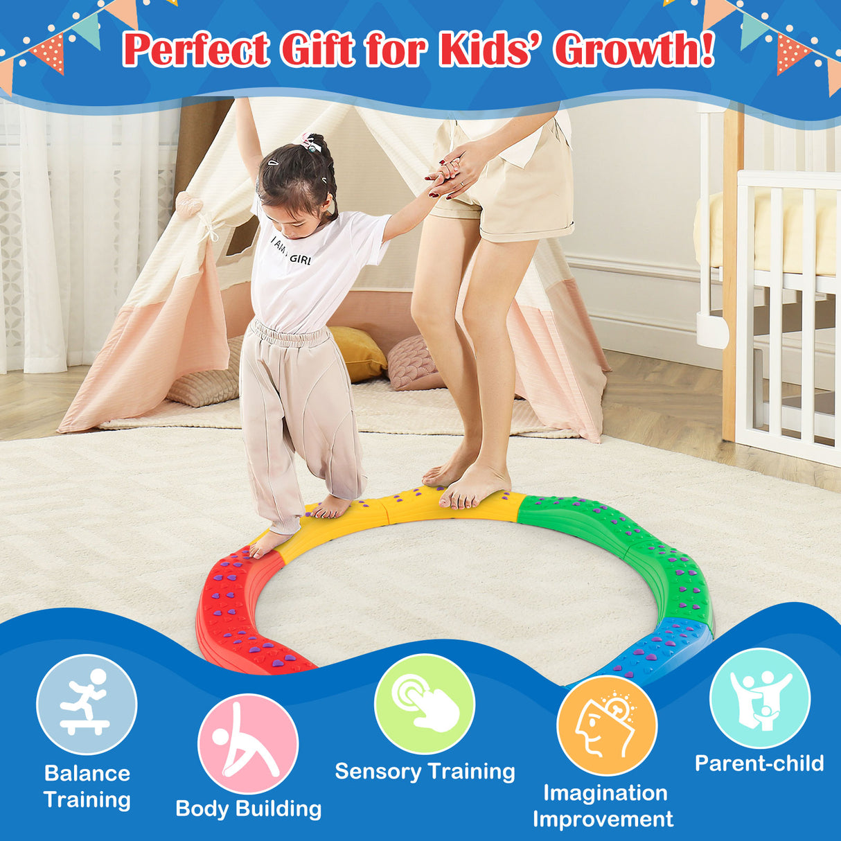 Colorful Kids Wavy Balance Beam with Textured Surface and Non-slip Foot Pads-Multicolor