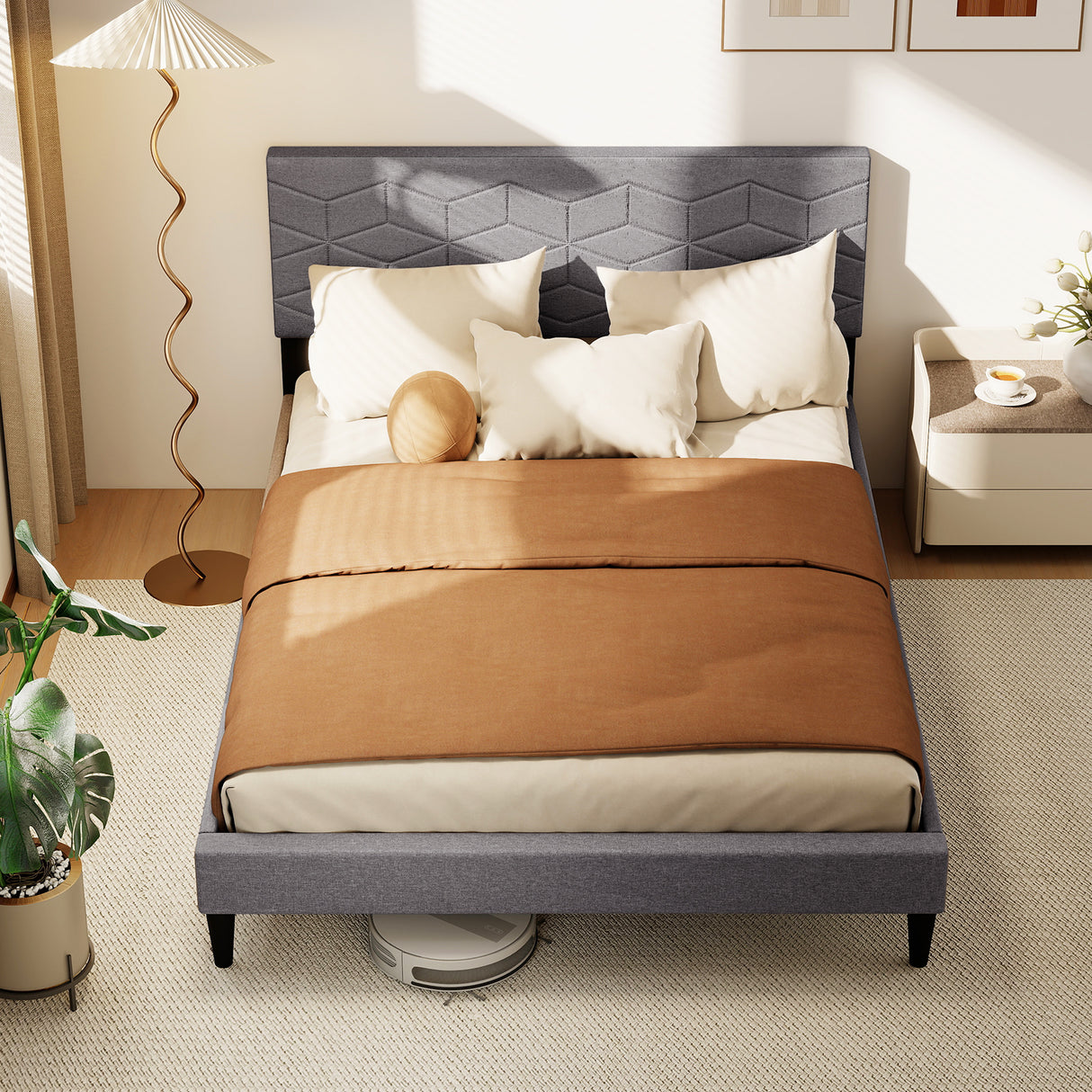 Twin/Full/Queen Size Bed Frame Modern Platform Bed with Linen Fabric Upholstered Headboard-Full
