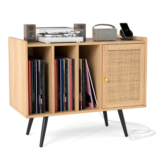 Record Player Stand with Charging Station and Rattan Cabinet for Living Room-Natural