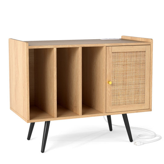 Record Player Stand with Charging Station and Rattan Cabinet for Living Room-Natural