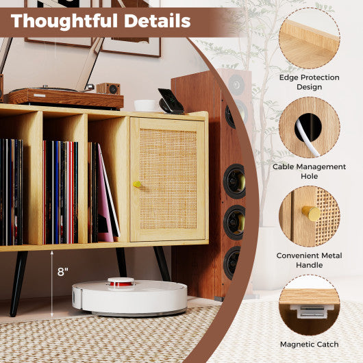 Record Player Stand with Charging Station and Rattan Cabinet for Living Room-Natural