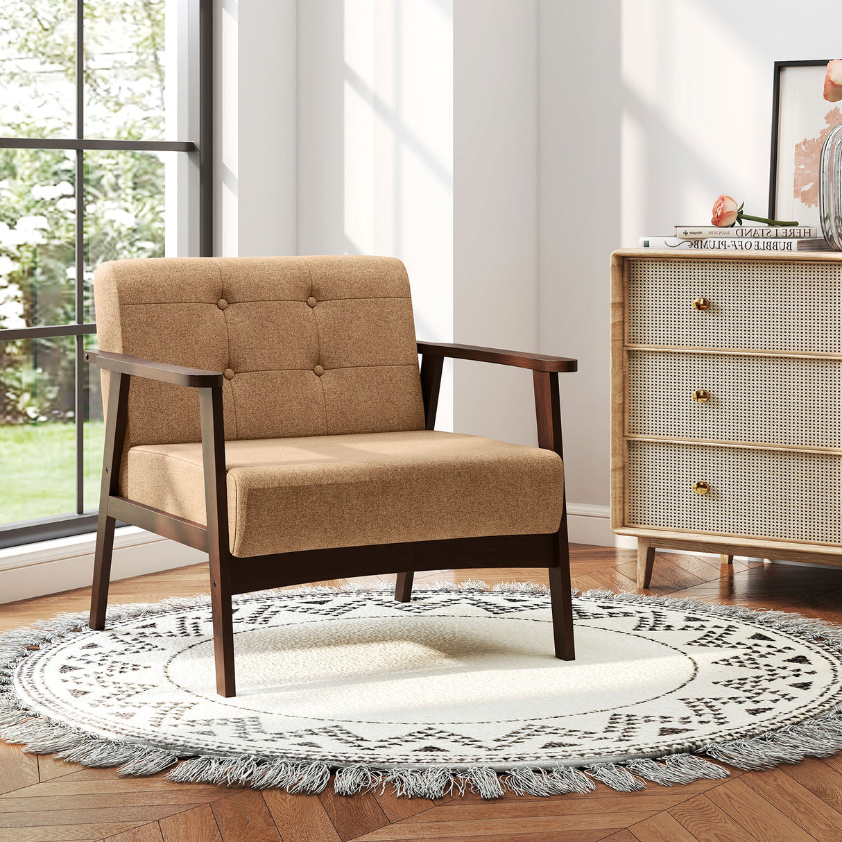 Rubber Wood Frame Accent Chair with Armrest for Living Room-Beige
