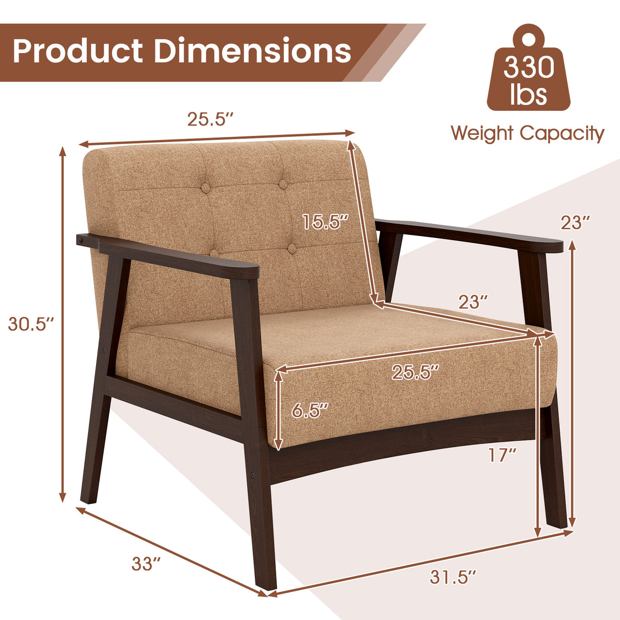 Rubber Wood Frame Accent Chair with Armrest for Living Room-Beige