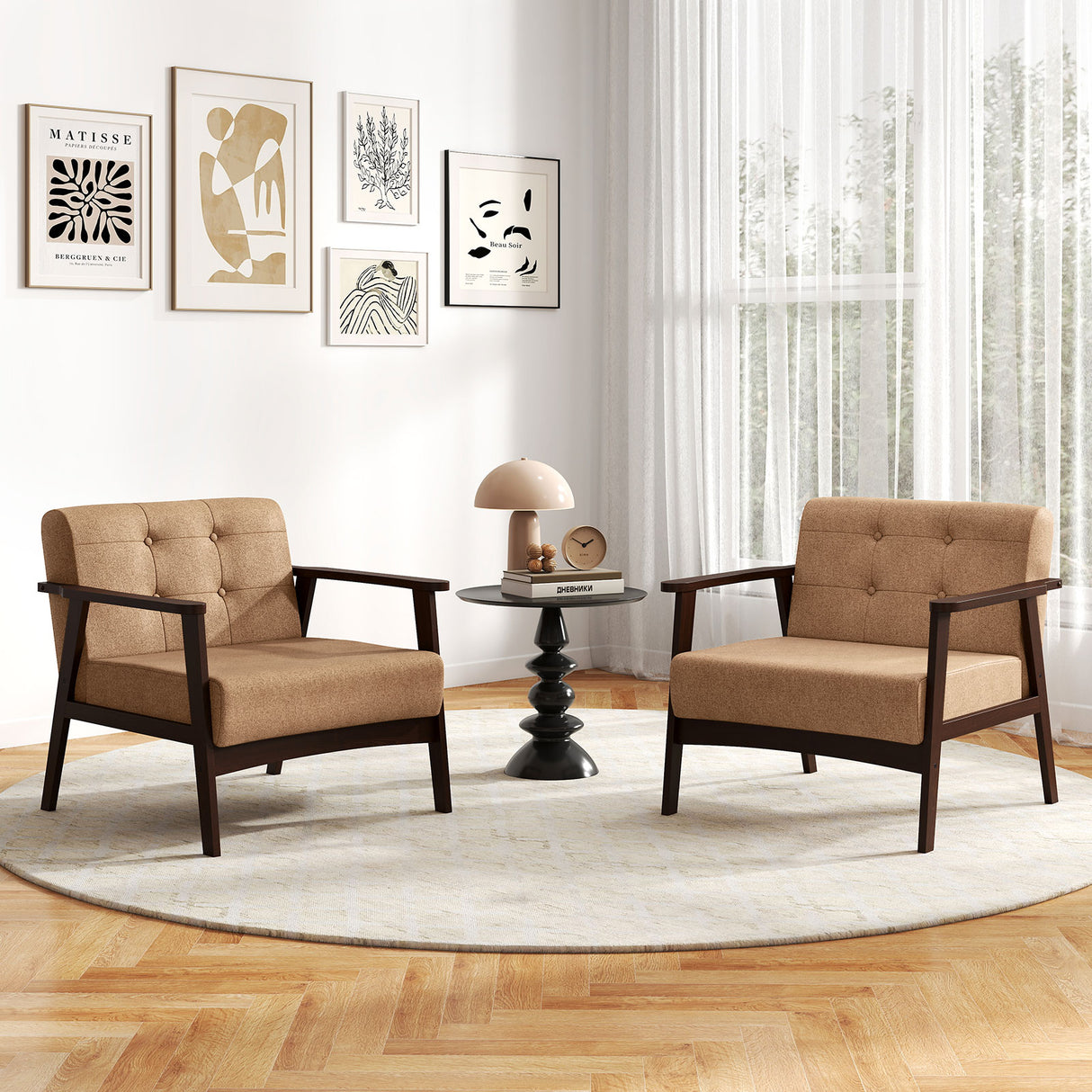 Rubber Wood Frame Accent Chair with Armrest for Living Room-Beige