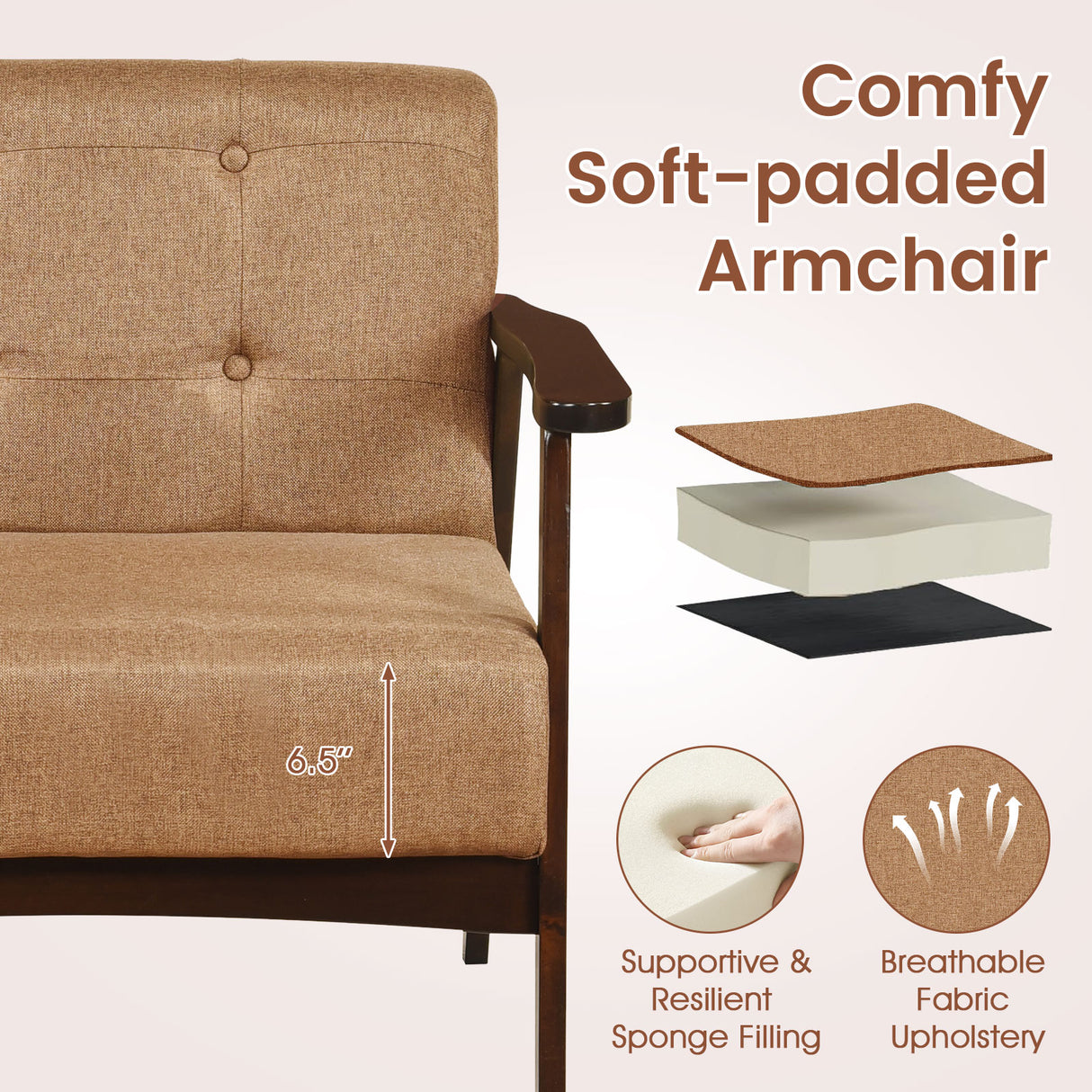 Rubber Wood Frame Accent Chair with Armrest for Living Room-Beige
