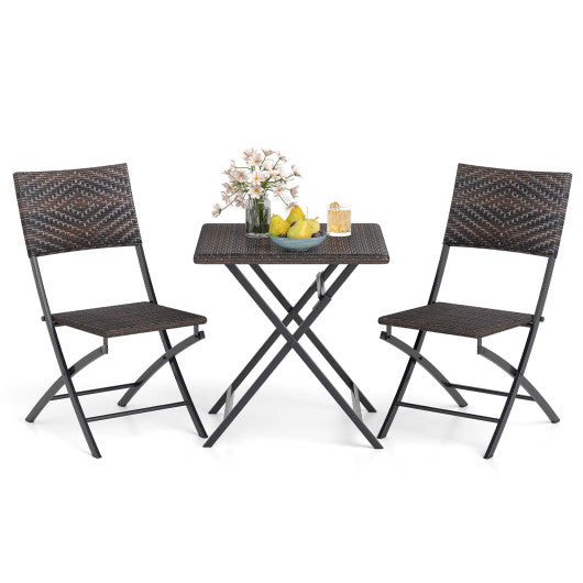 3 Piece Rattan Bistro Set Outdoor Folding Dining Table and Chairs with Wicker Seat