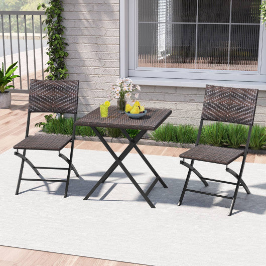 3 Piece Rattan Bistro Set Outdoor Folding Dining Table and Chairs with Wicker Seat