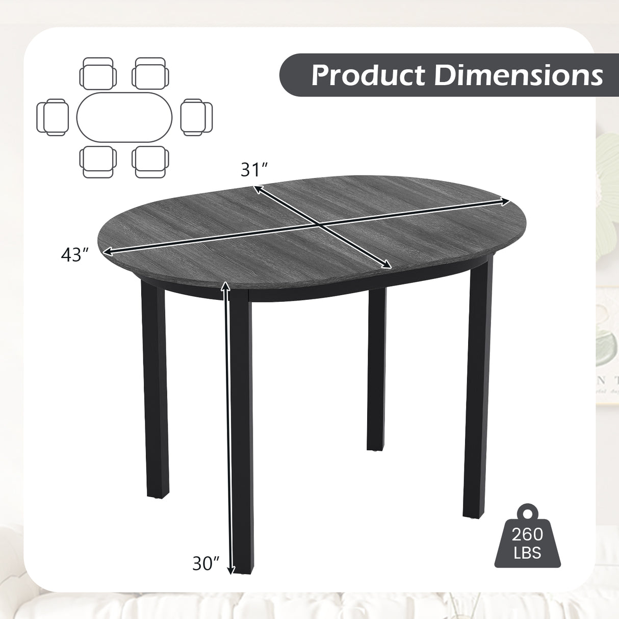 43 Inch Wooden Dining Table with Rubber Wood Legs for 2-4 People-Black
