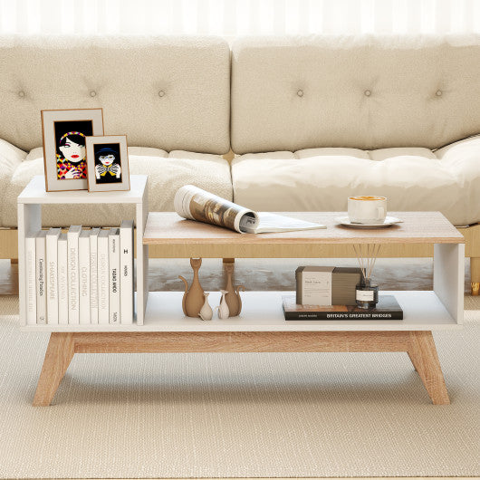 43 Inch Coffee Table with Stepped Tabletop and Storage Compartments-White