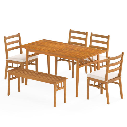 6 Pieces Patio Acacia Wood Dining Set with Bench Rectangular Table and Chairs