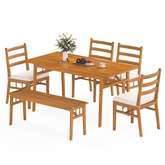 6 Pieces Patio Acacia Wood Dining Set with Bench Rectangular Table and Chairs