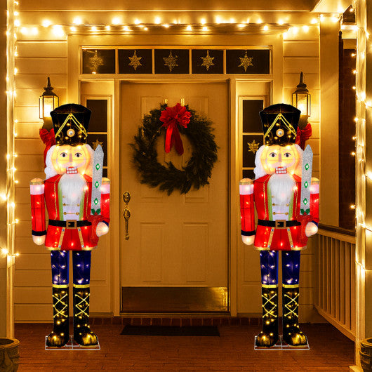 Set of 2 5 FT Lighted Nutcracker Soldier Outdoor Christmas Decoration with Glitter Sword