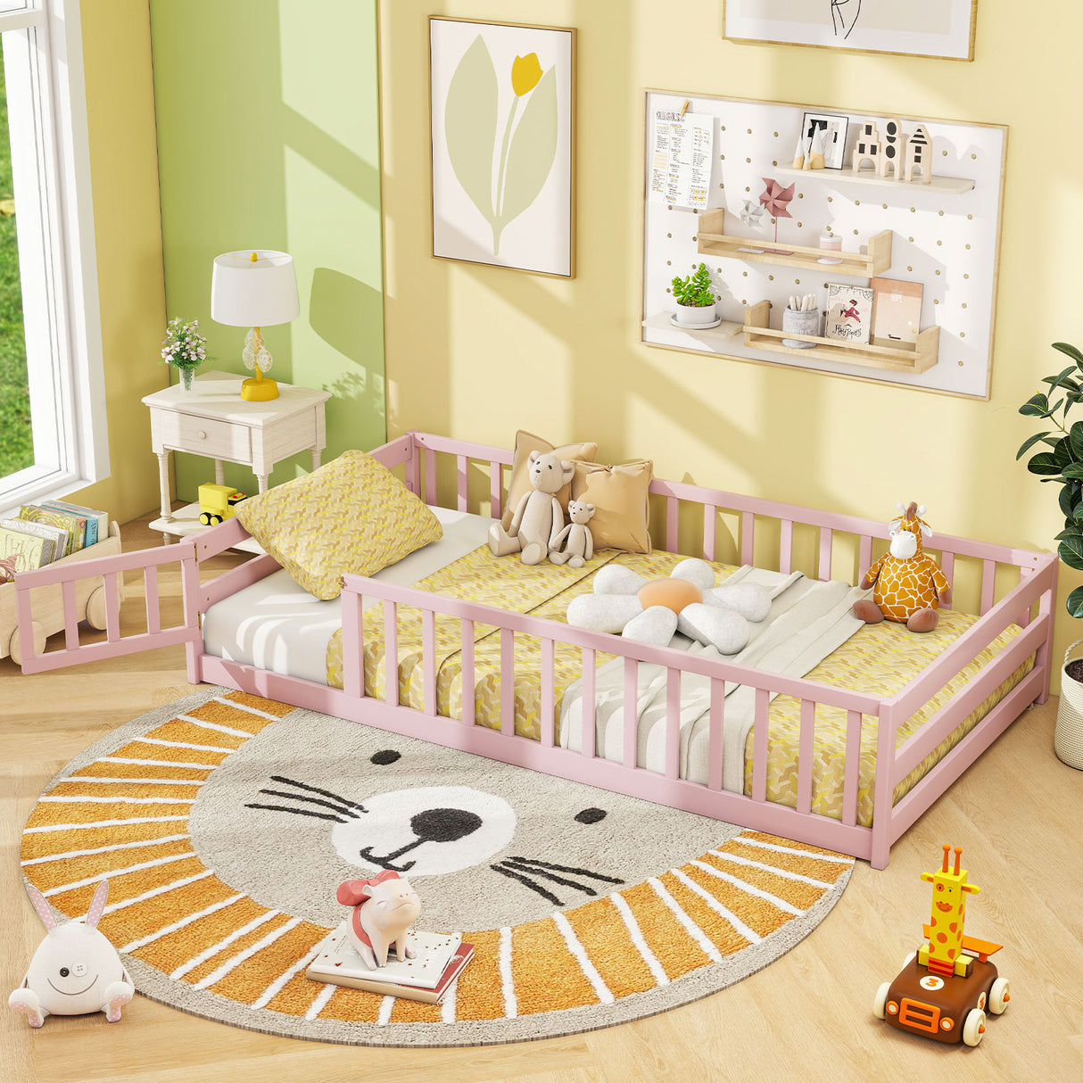 Twin Size Montessori Floor Bed Frame with Full Length Safety Guardrails-Pink