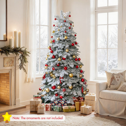 6/7 Feet Artificial Snow-flocked Christmas Tree Pre-lit Hinged Xmas Tree with 130 Twinkle Balls-6 Feet