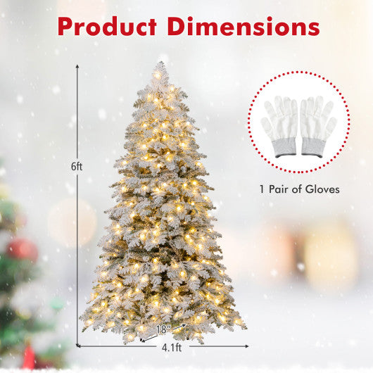 6/7 Feet Artificial Snow-flocked Christmas Tree Pre-lit Hinged Xmas Tree with 130 Twinkle Balls-6 Feet