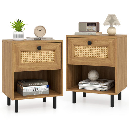 Rattan Nightstand Boho End Table with Rattan Drawer and Open Shelf Set of 2-Natural