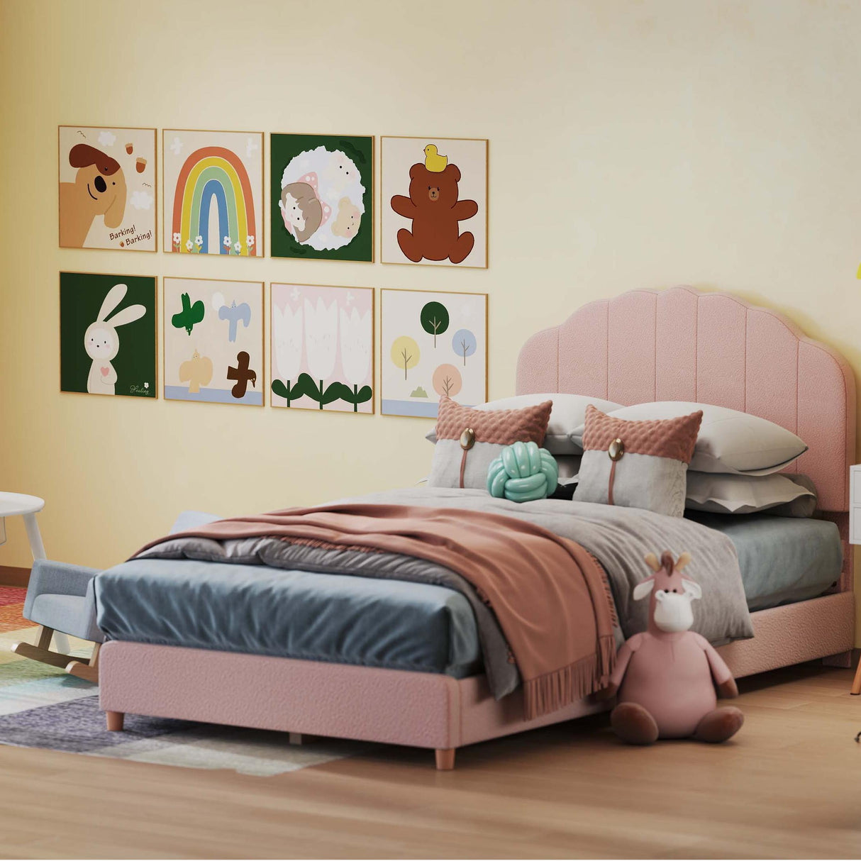 Children ™s Room Furniture Bundle: Twin Pink Bed Blue & Pink Rocking Chairs Storage End Table