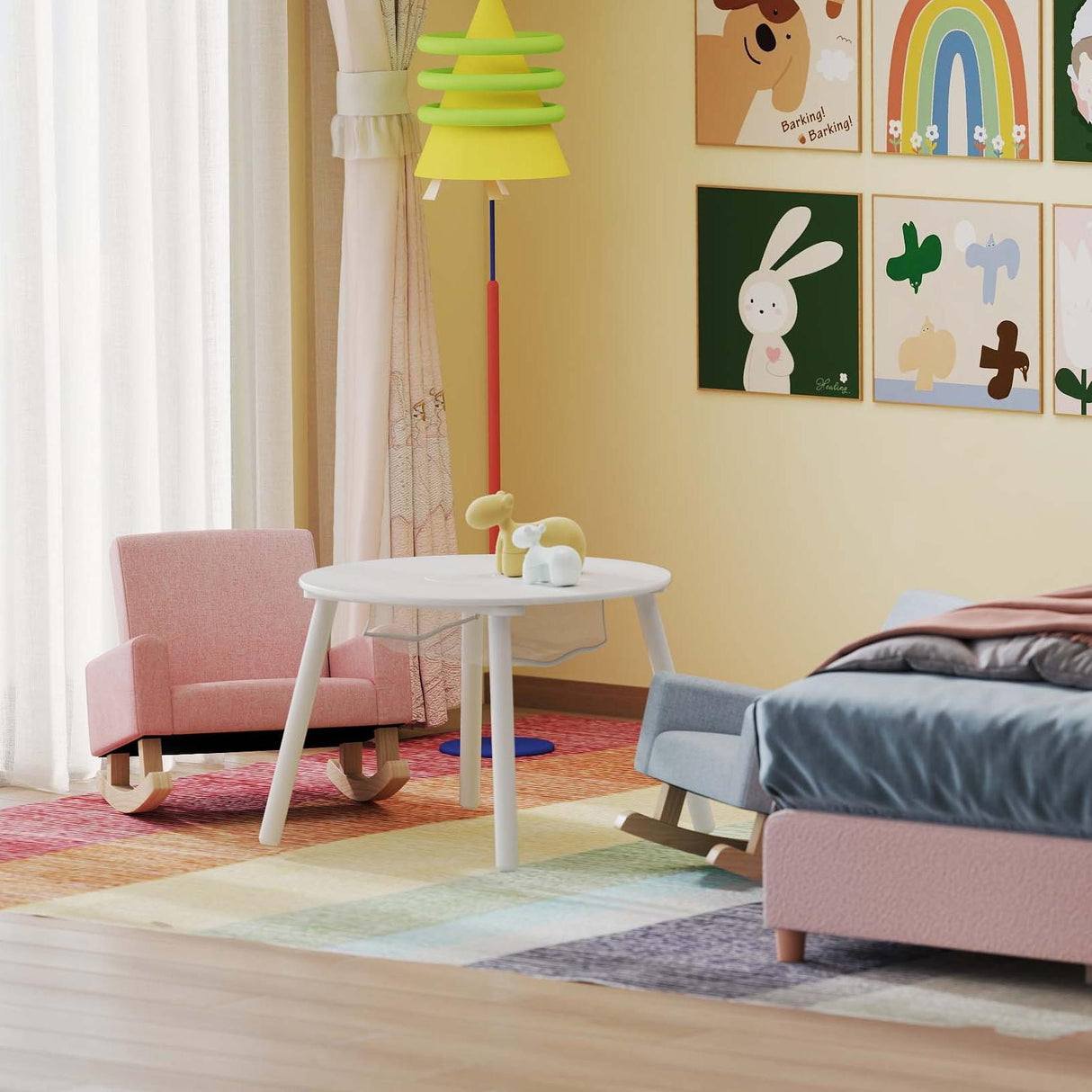 Children ™s Room Furniture Bundle: Twin Pink Bed Blue & Pink Rocking Chairs Storage End Table
