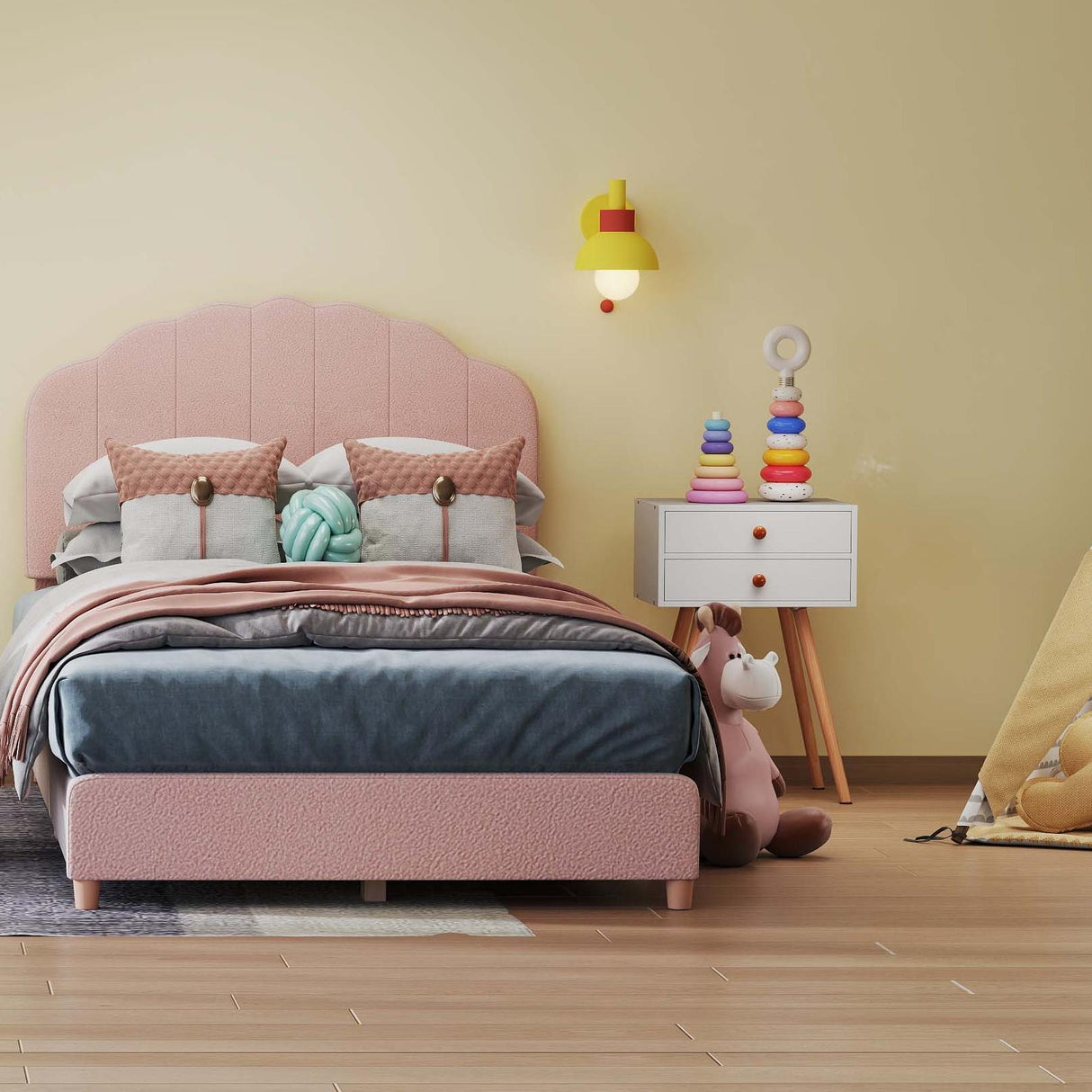 Children ™s Room Furniture Bundle: Twin Pink Bed Blue & Pink Rocking Chairs Storage End Table