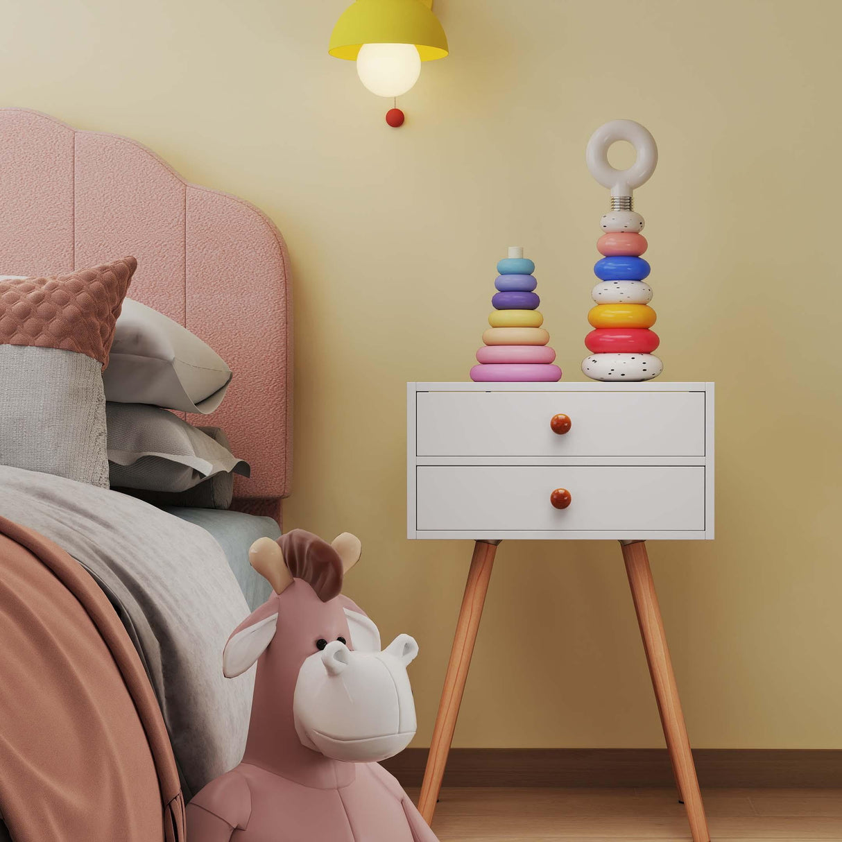 Children ™s Room Furniture Bundle: Twin Pink Bed Blue & Pink Rocking Chairs Storage End Table