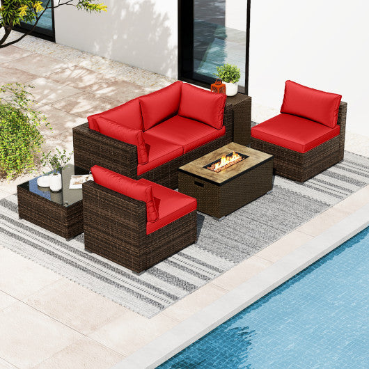 7 Pieces Outdoor Furniture Set with 32 Inch Fire Pit Table and Propane Tank Cover-Red
