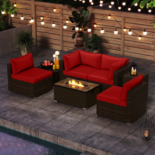 7 Pieces Outdoor Furniture Set with 32 Inch Fire Pit Table and Propane Tank Cover-Red