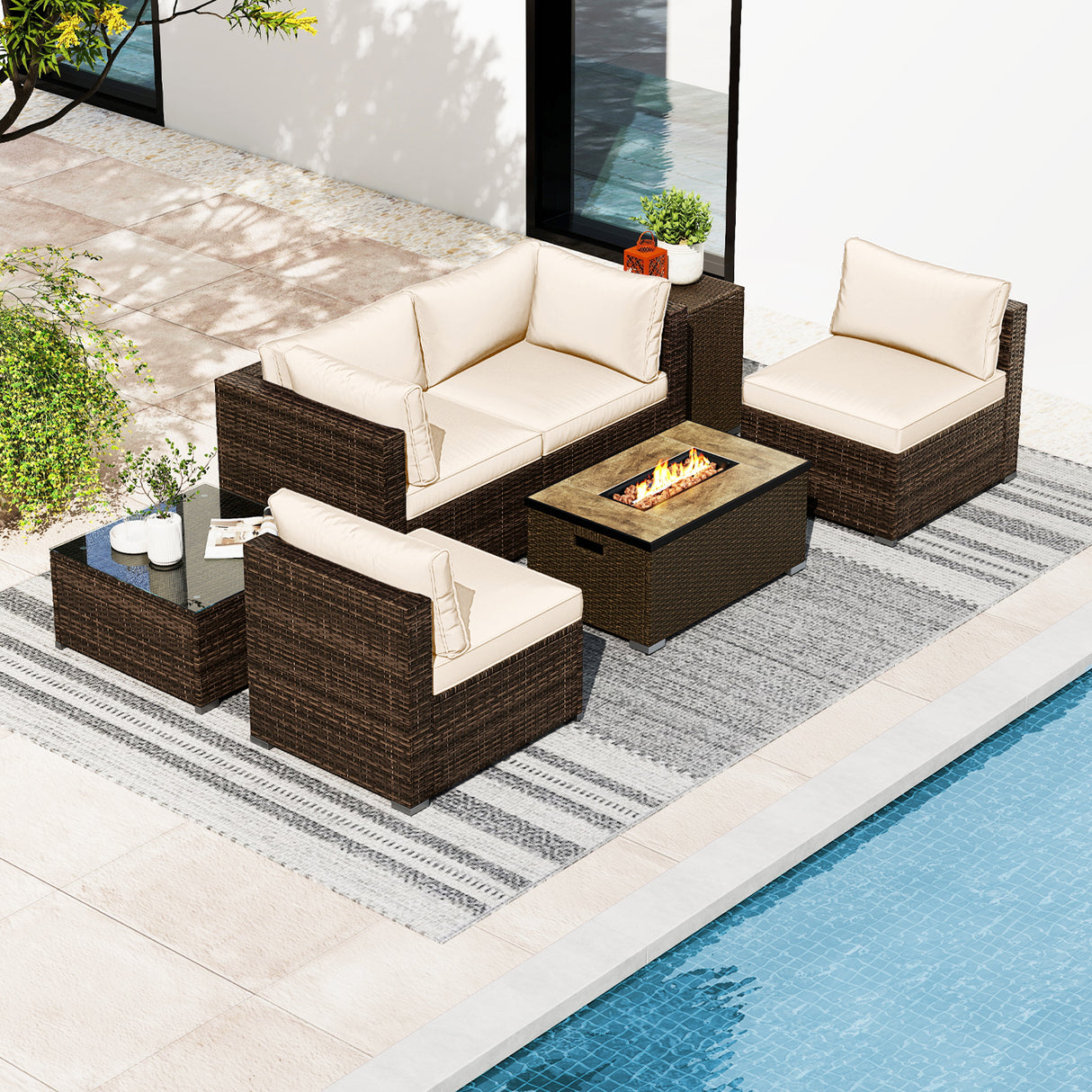 7 Pieces Outdoor Furniture Set with 32 Inch Fire Pit Table and Propane Tank Cover-White