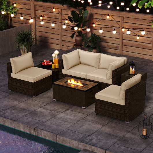 7 Pieces Outdoor Furniture Set with 32 Inch Fire Pit Table and Propane Tank Cover-White