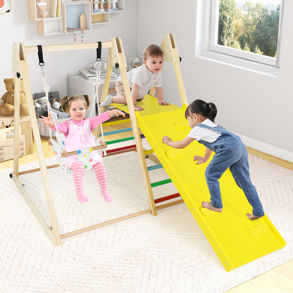 4-in-1 Indoor Jungle Gym with Baby Swing and Climbing Ramp-Multicolor