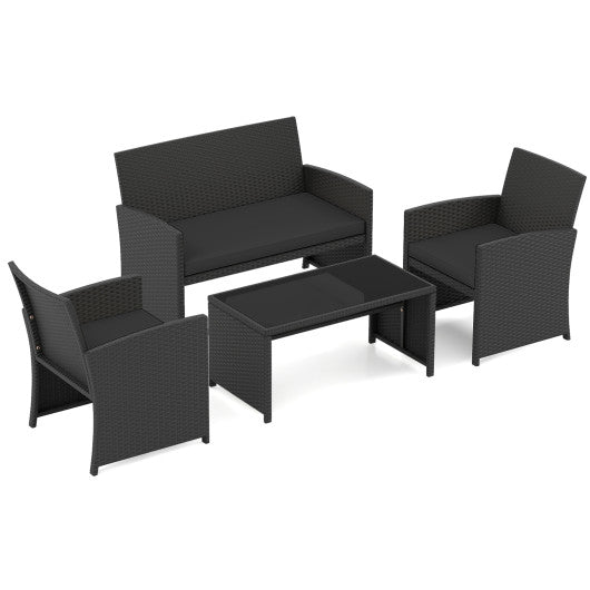 4 Pieces Patio Furniture Set with Tempered Glass Tabletop and Removable Cushion-Black