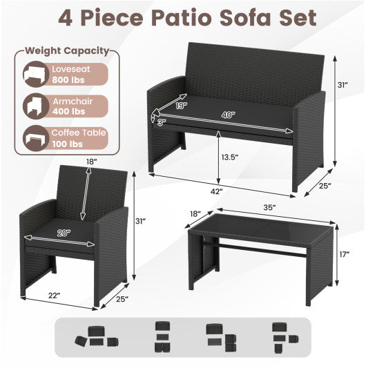 4 Pieces Patio Furniture Set with Tempered Glass Tabletop and Removable Cushion-Black