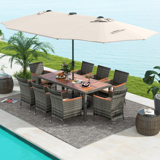 11 Pieces Patio Dining Set with 15 Feet Double-Sided Patio Umbrella Base Included-Beige