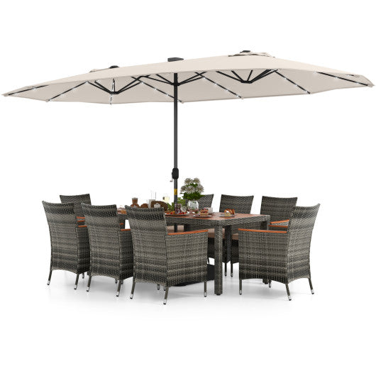 11 Pieces Patio Dining Set with 15 Feet Double-Sided Patio Umbrella Base Included-Beige