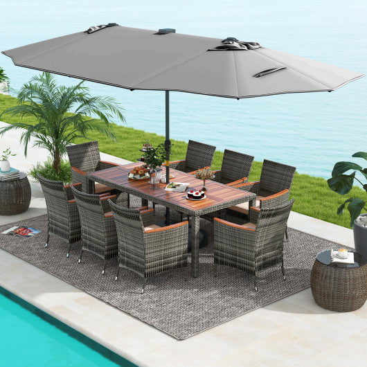 11 Pieces Patio Dining Set with 15 Feet Double-Sided Patio Umbrella Base Included-Gray