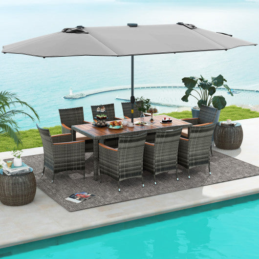 11 Pieces Patio Dining Set with 15 Feet Double-Sided Patio Umbrella Base Included-Gray