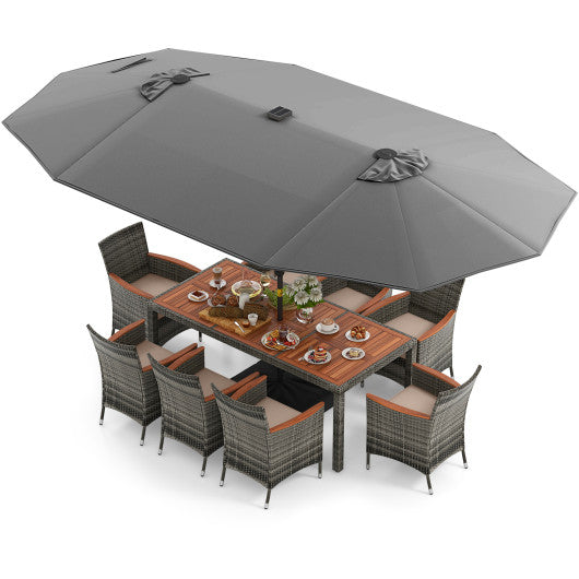 11 Pieces Patio Dining Set with 15 Feet Double-Sided Patio Umbrella Base Included-Gray