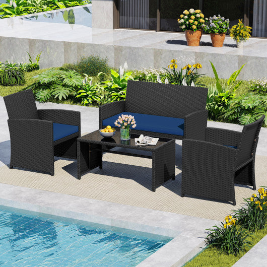 4 Pieces Patio Furniture Set with Tempered Glass Tabletop and Removable Cushion-Navy