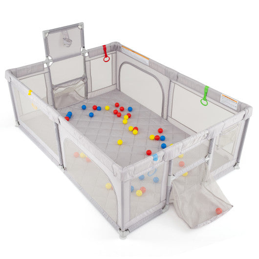 Extra Large Playpen with Basketball Hoop for Babies and Toddlers-Light Gray