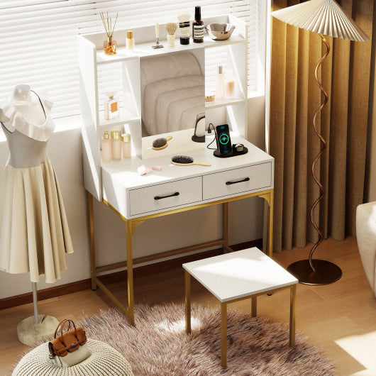 Vanity Desk with Storage Drawers and Charging Station-White