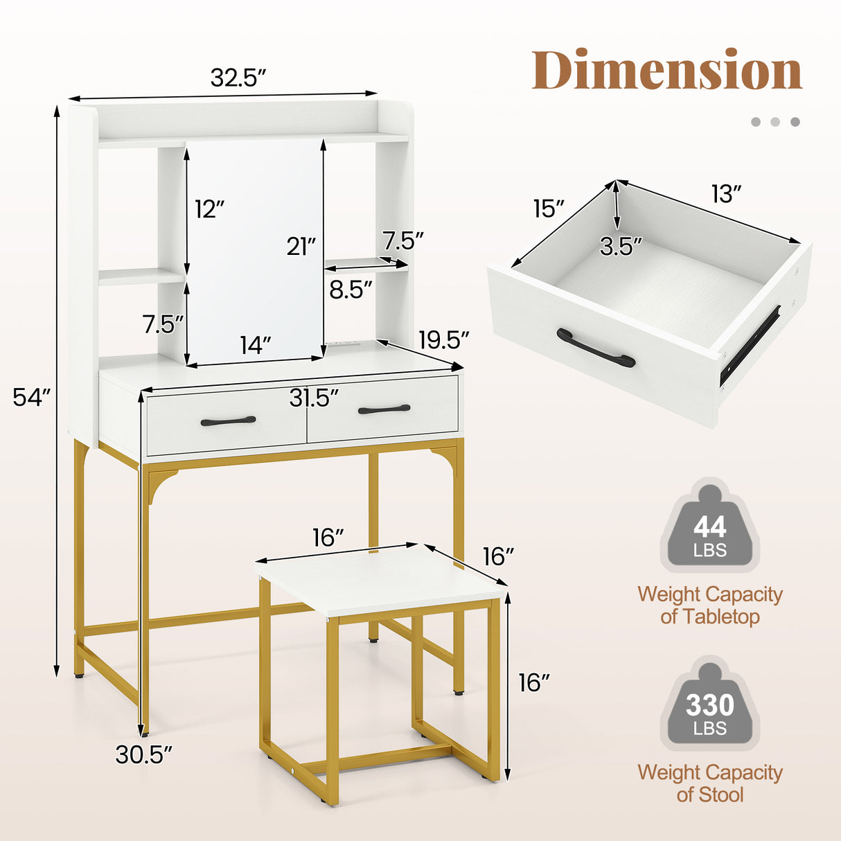 Vanity Desk with Storage Drawers and Charging Station-White