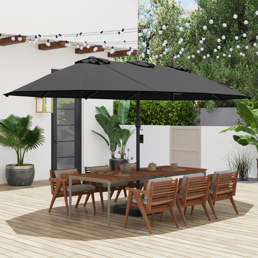 15 Feet Double-Sided Twin Patio Umbrella with Crank and Base-Black