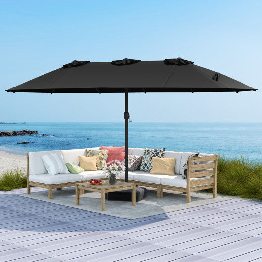 15 Feet Double-Sided Twin Patio Umbrella with Crank and Base-Black