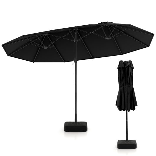 15 Feet Double-Sided Twin Patio Umbrella with Crank and Base-Black