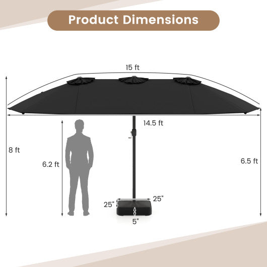 15 Feet Double-Sided Twin Patio Umbrella with Crank and Base-Black