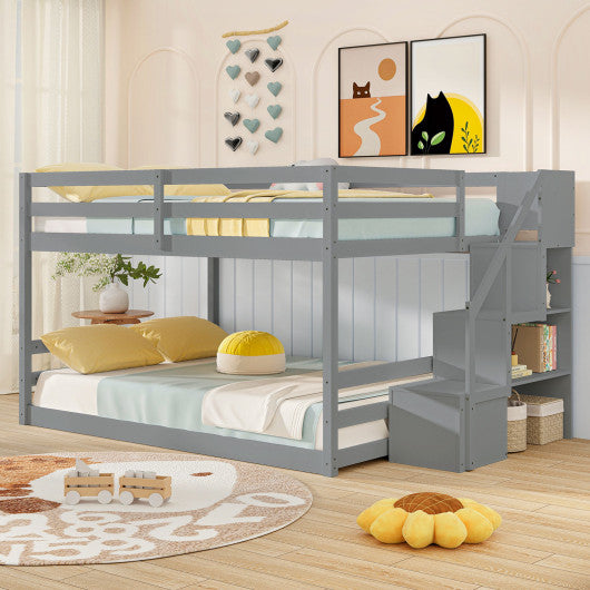 Solid Wood Full Over Full Low Bunk Bed with Storage Stairs-Gray